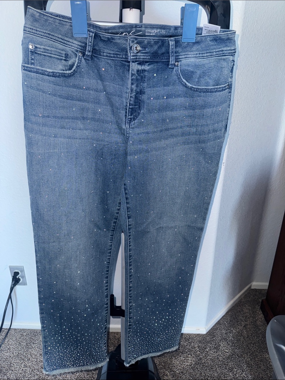 INC International Concepts Blue Straight Leg Jeans with Crystal Accents